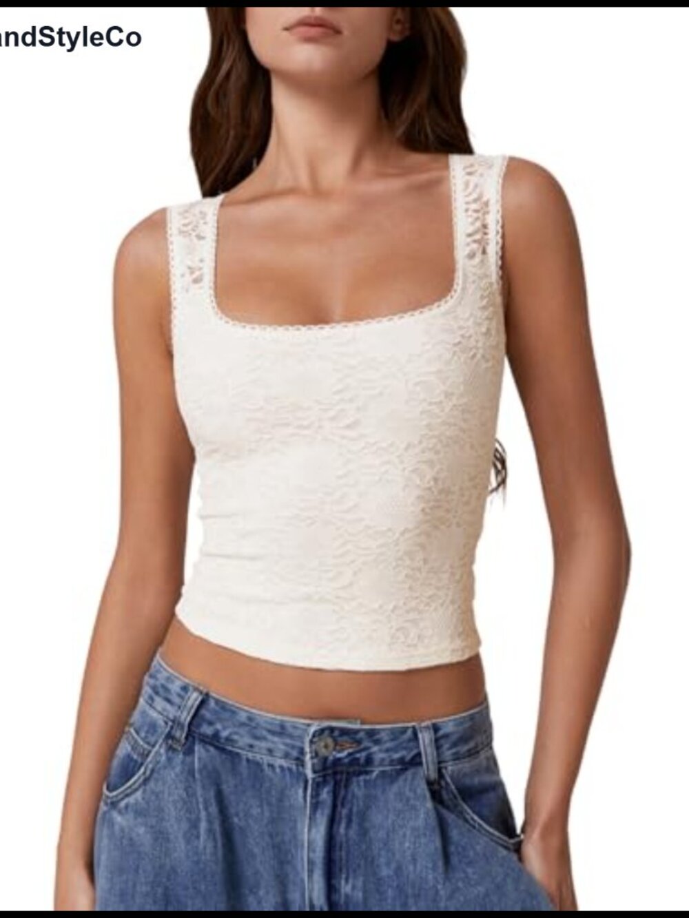 Women's Lace Trim Square Neck Sleeveless Double-Layer Tank Top